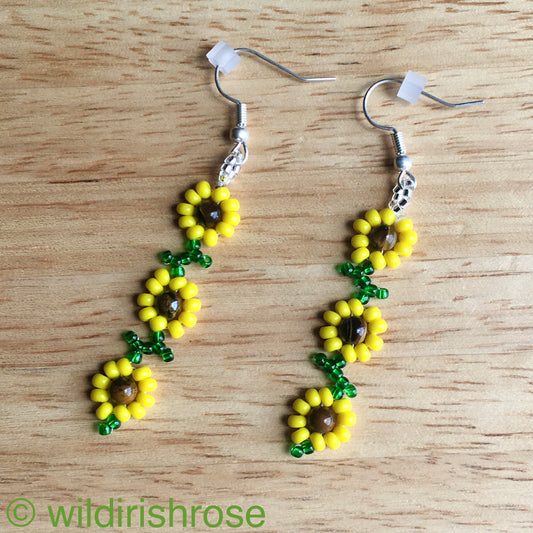 Beaded Sunflower and Tigerseye Earrings